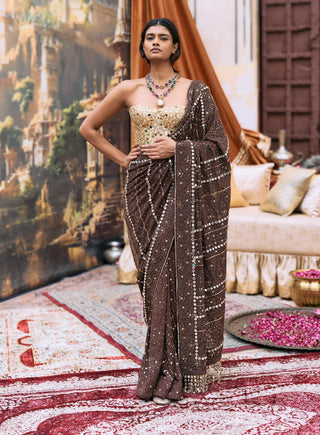 Brown taralika sari and corset