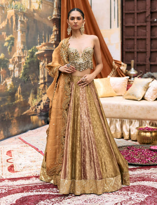 Plum and gold pravarnika lehenga and corset set