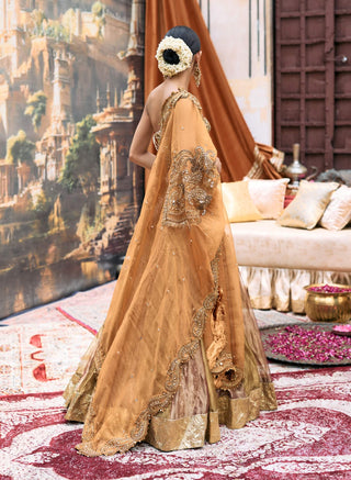 Plum and gold pravarnika lehenga and corset set