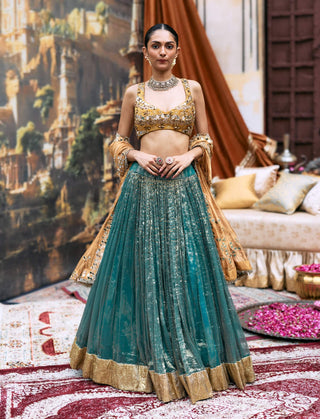 Teal and yellow mayurangi lehenga set