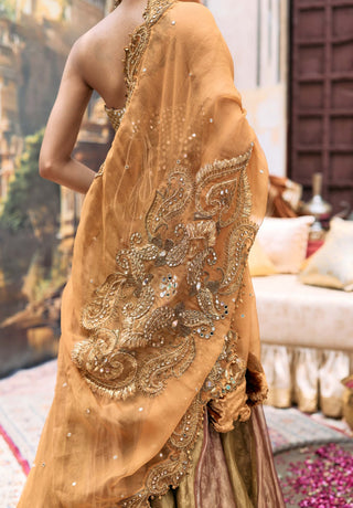 Plum and gold pravarnika lehenga and corset set