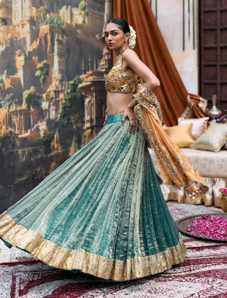 Teal and yellow mayurangi lehenga set