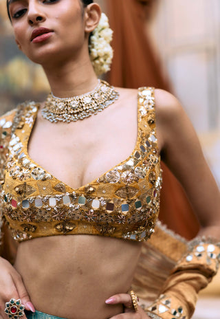 Teal and yellow mayurangi lehenga set