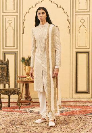 Ivorish gold quilted brocade sherwani set