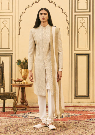 Ivorish gold quilted brocade sherwani set