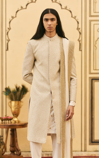 Ivorish gold quilted brocade sherwani set