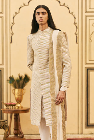 Ivorish gold quilted brocade sherwani set
