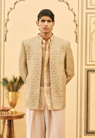 Gold banarasi brocade bandhgala set