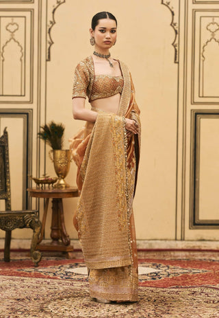 Peach brocade white-gold embroidered sari set