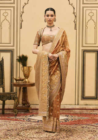 Peach brocade white-gold embroidered sari set