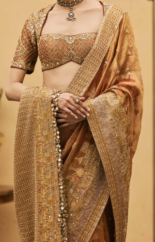 Peach brocade white-gold embroidered sari set