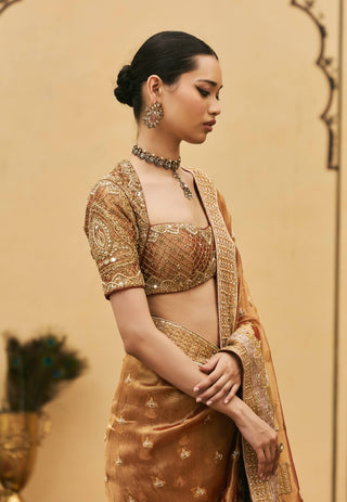 Peach brocade white-gold embroidered sari set