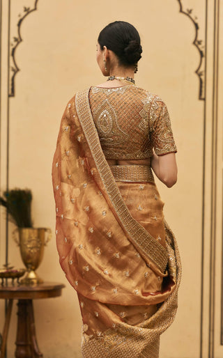 Peach brocade white-gold embroidered sari set