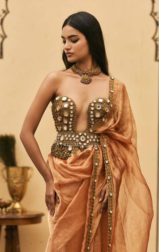 Tamra rust silk tissue sari set