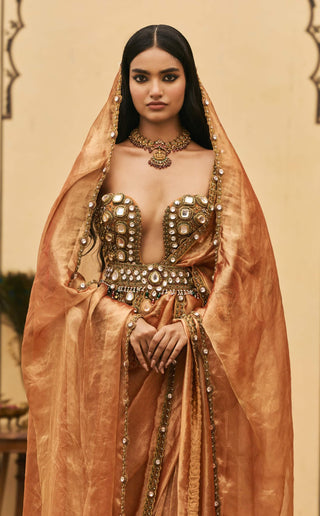 Tamra rust silk tissue sari set