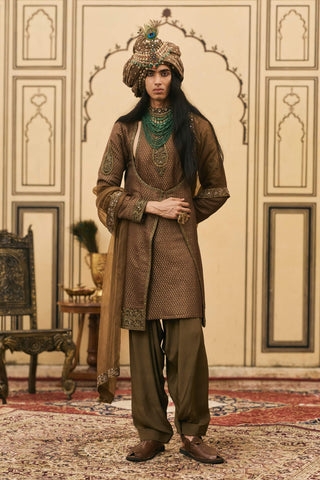 Olive brown brocade angrakha set