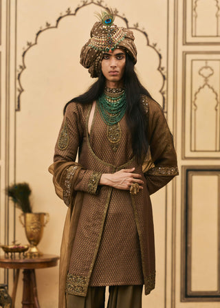 Olive brown brocade angrakha set