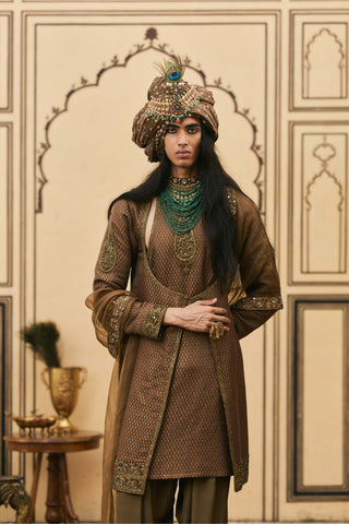 Olive brown brocade angrakha set