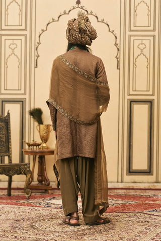 Olive brown brocade angrakha set
