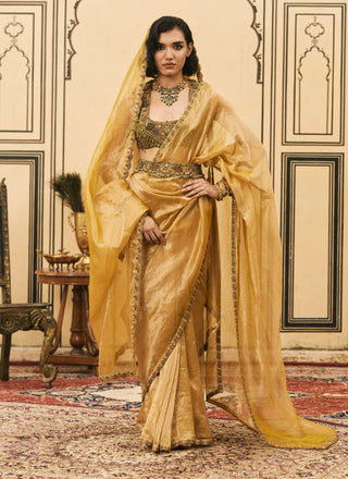 Peetambar mustard tissue sari set