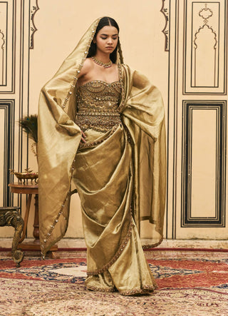 Shailaja moss green tissue sari set