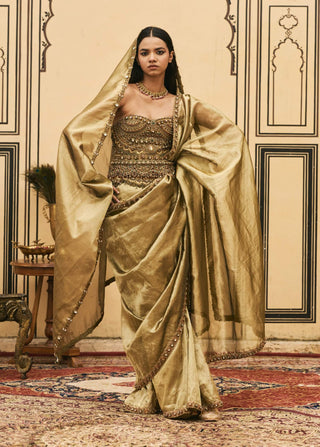 Shailaja moss green tissue sari set