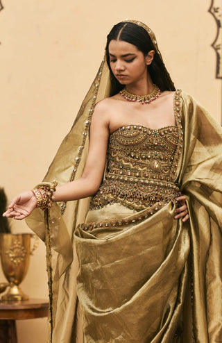 Shailaja moss green tissue sari set