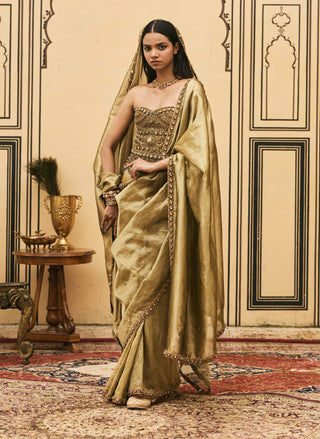 Shailaja moss green tissue sari set