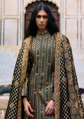 Green and black vajra sherwani set