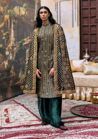 Green and black vajra sherwani set