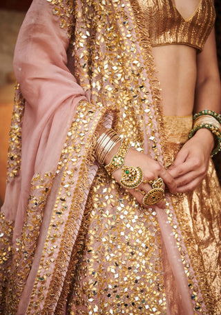 Savrna Aayna Gold Lehenga Set by Itrh available on Indiaspopup.com