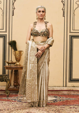 Kothi gold metal bustier sari set