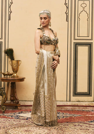 Kothi gold metal bustier sari set