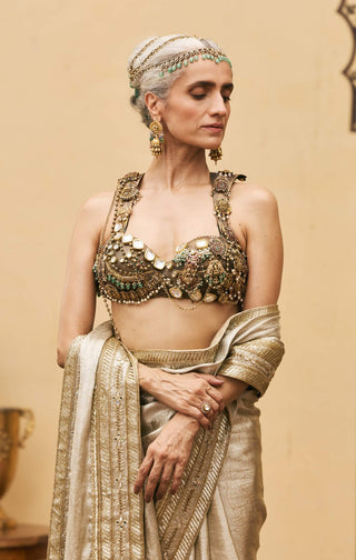 Kothi gold metal bustier sari set