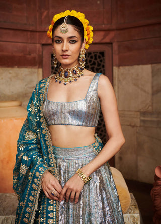 Aasmani Blue Lampi Lehenga Set by Itrh available on Indiaspopup.com