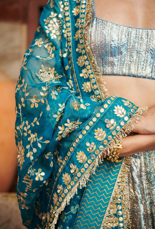 Aasmani Blue Lampi Lehenga Set by Itrh available on Indiaspopup.com