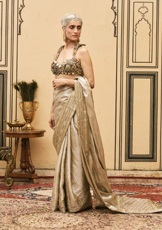 Kothi gold metal bustier sari set