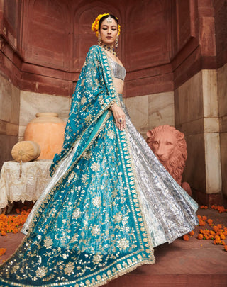 Aasmani Blue Lampi Lehenga Set by Itrh available on Indiaspopup.com