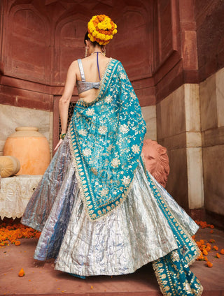 Aasmani Blue Lampi Lehenga Set by Itrh available on Indiaspopup.com