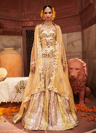 Chandi Sona Sheesh Lampi Lehenga And Cape Set by Itrh available on Indiaspopup.com