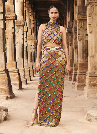 Itrh Kumu Gold Lattice Crop Top And Skirt available on indiaspopup