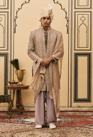 Light brown brocade open jacket set