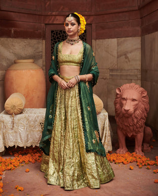 Pushp Lampi Green Lehenga Set by Itrh available on Indiaspopup.com