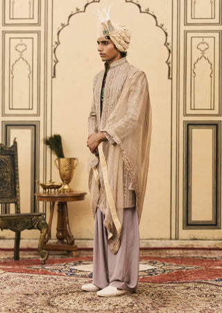 Light brown brocade open jacket set
