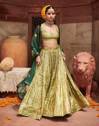 Pushp Lampi Green Lehenga Set by Itrh available on Indiaspopup.com