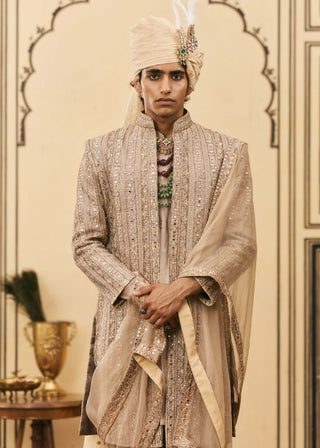 Light brown brocade open jacket set