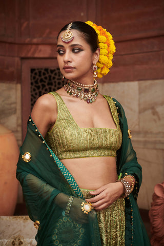 Pushp Lampi Green Lehenga Set by Itrh available on Indiaspopup.com