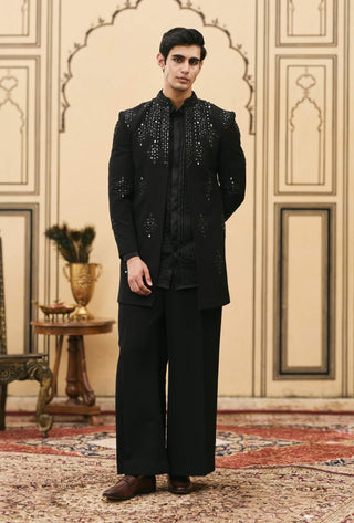 Black satin pleated shirt jacket set