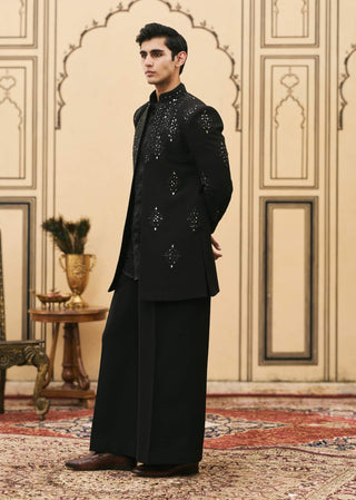 Black satin pleated shirt jacket set