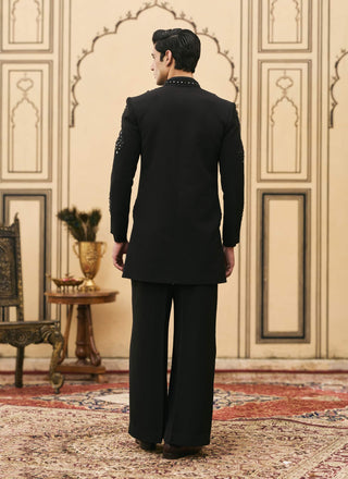 Black satin pleated shirt jacket set